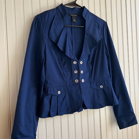 White House Black Market Feminine Ruffled Navy Military Jacket Romantic Sz 6 - Picture 4 of 16